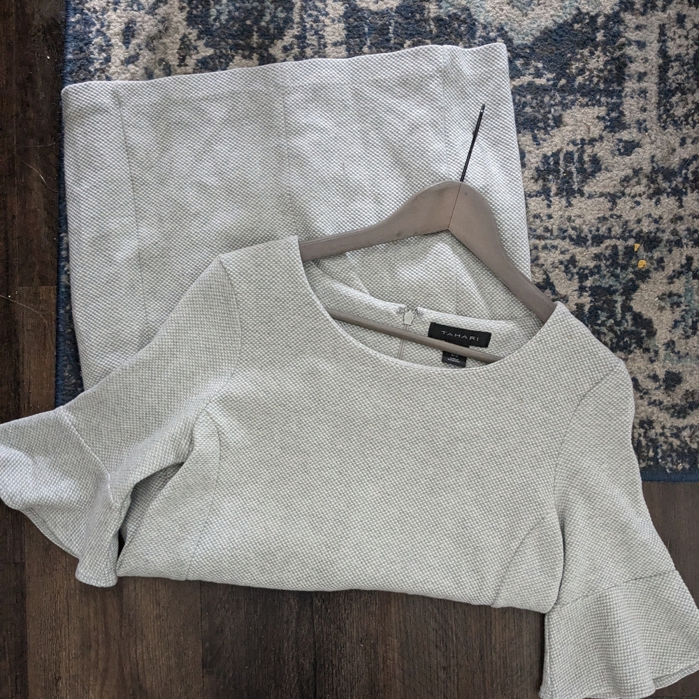Pretty soft knit gray chic trendy dress by Tahari size 6 sleeve flutter …